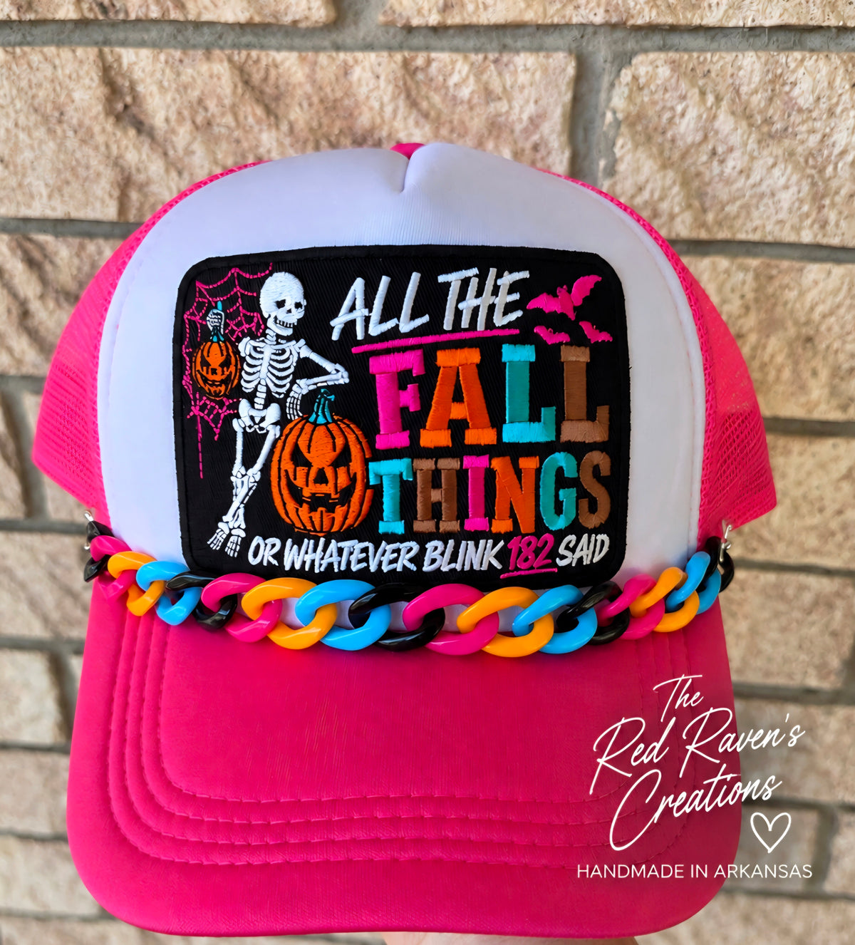 Pink "All the fall things" trucker hat