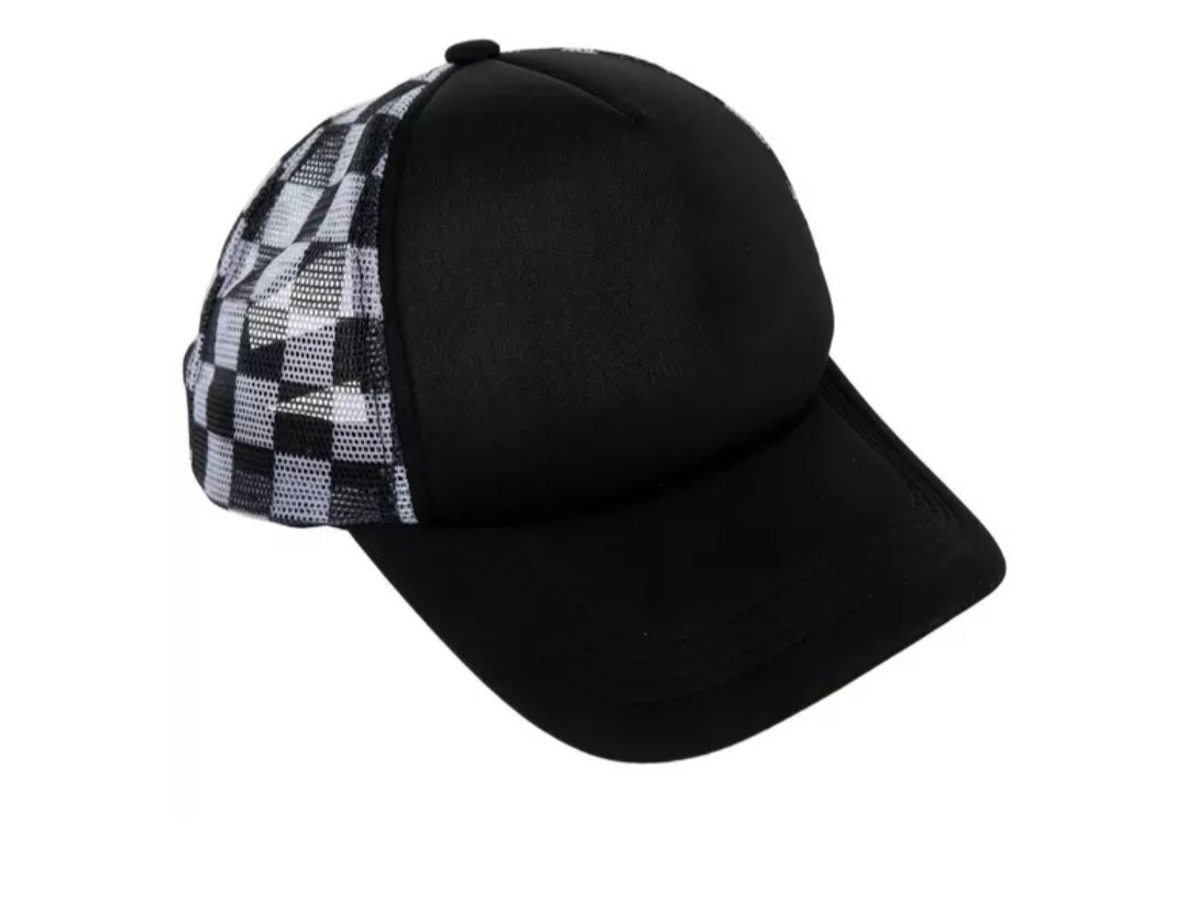 Black/ white checkered trucker hat