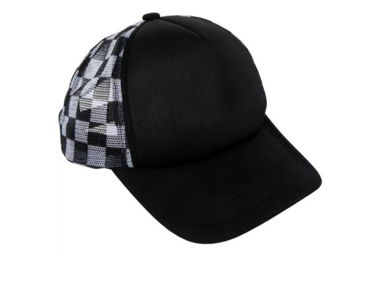 Black/ white checkered trucker hat