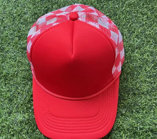 Black/ red checkered trucker hat